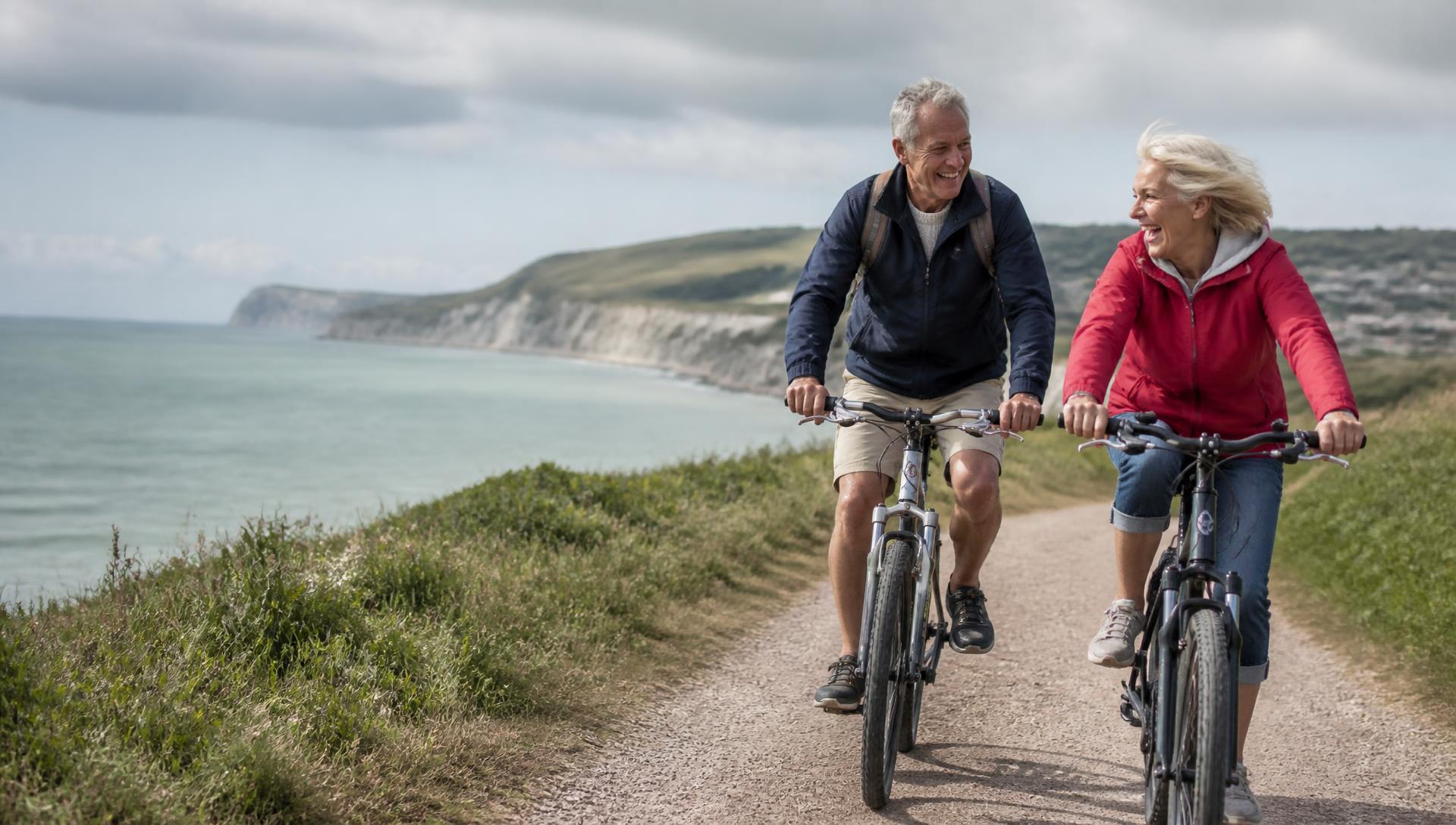 Couple in their sixties cycling along a British coastal path